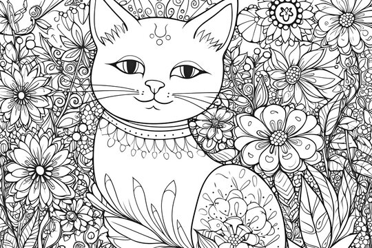 Contour drawing of cat in garden among flowers, coloring page for children