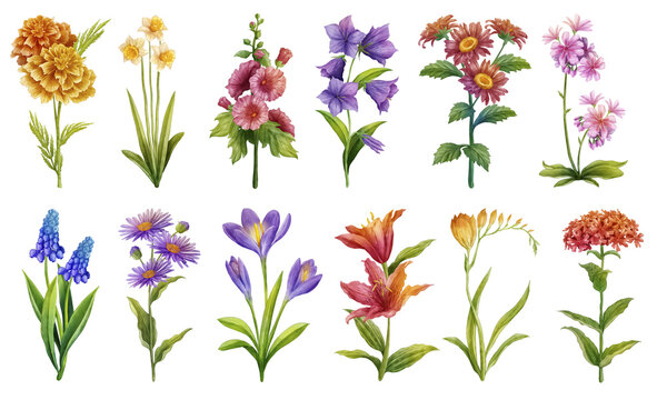 Set Of Colorful Flowers Illustration With No Background Isolated Png