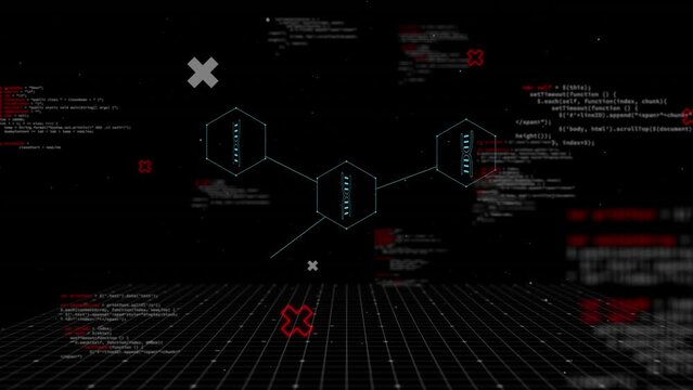Animation of medical icons and data processing on black background