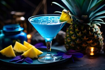 a bright blue cocktail that radiates health. The blue hue, achieved with spirulina, promises a dose of nutrients, while a slice of starfruit and a pineapple leaf serve as garnish, evoking tropical sen - obrazy, fototapety, plakaty