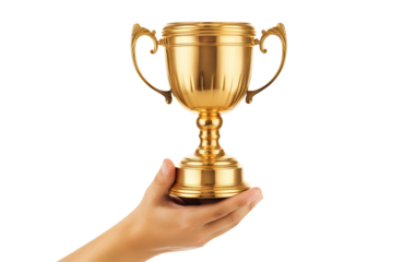 Victory golden cup in male hand, cut out