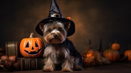 a photograph of cute yorkshire terrier dog use witch hat for halloween celebration generative ai