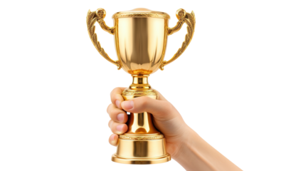 Victory golden cup in male hand, cut out