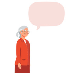 Elderly woman portrait. Grandma with a blank speech bubble in flat style. Illustration on transparent background