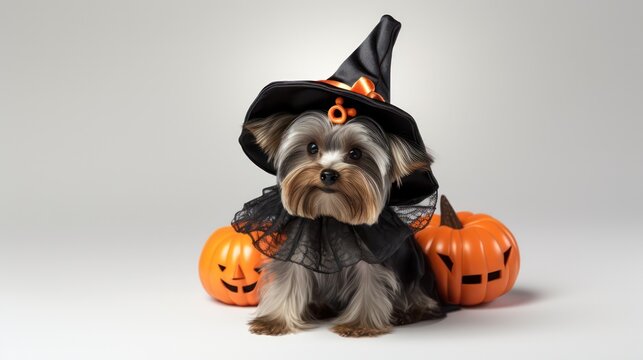 a photograph of cute yorkshire terrier dog use witch hat for halloween celebration generative ai