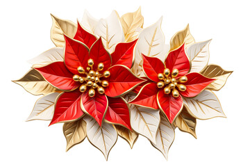 3D Red and Gold Christmas poinsettia decorative White background isolated PNG - obrazy, fototapety, plakaty