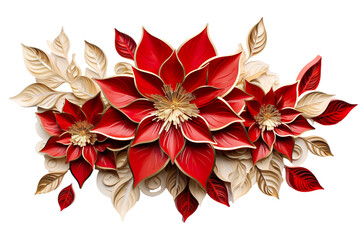 3D Red and Gold Christmas poinsettia decorative White background isolated PNG