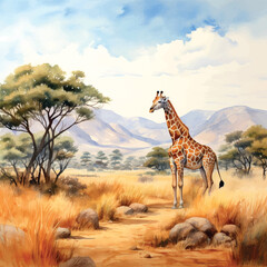 Beautiful landscape africa watercolor, great design for any purposes. © 1emonkey
