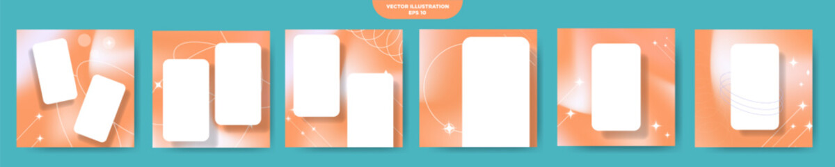 Aesthetic y2k Orange Gradient Social Media Post promotional Templates with 3d White Phone Screen Mockups. Vector illustration. 