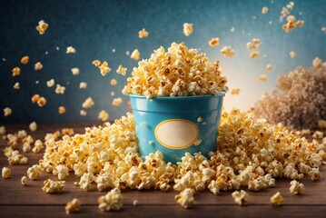 Popcorn in a blue bucket on a wooden table with flying popcorn