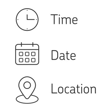 Time, date, location address symbol set. Calendar clock, time, address, location icon. Business sign vector design stock illustration