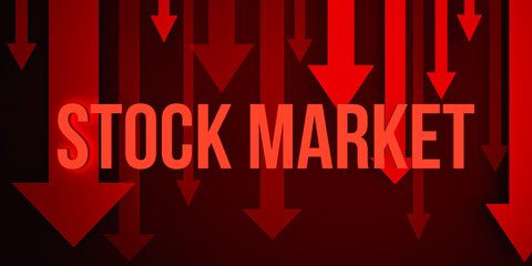 Stock market crash.  Red arrows down. Stocks moving down, global economic crisis ahead. Stock market collapse, reduction, falling, recession and loss.