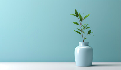 Single branch in a vase on a blue background in a minimalist abstract style

