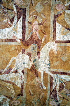 Christ on a White Horse. French Romanesque mural fresco painting on a vault of the crypt, Auxerre Cathedral, France. Circa 1150