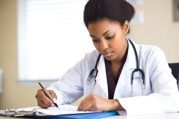a young female doctor writing a prescription in her office - obrazy, fototapety, plakaty