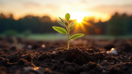 Close young green sprout growing in soil on Green nature blur background - obrazy, fototapety, plakaty