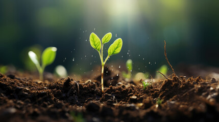 Close young green sprout growing in soil on Green nature blur background