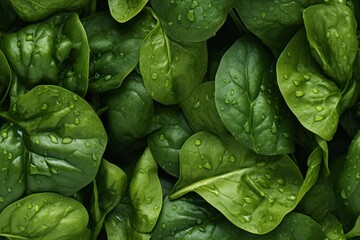 Close up of fresh spinach leaf , top view, seamless pattern. Generative Ai