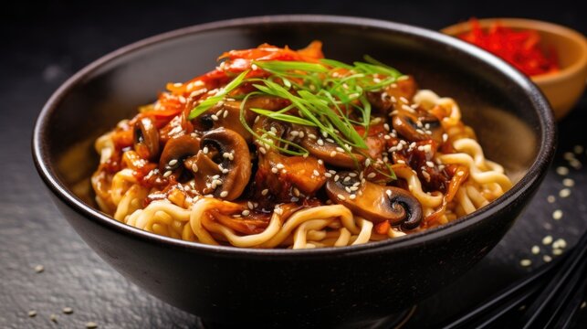 Traditional Japanese udon noodles with mushrooms, close-up on a stone background
