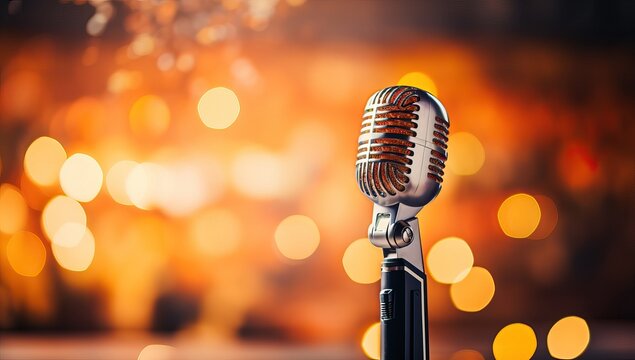 Retro microphone on stage with bokeh background. Music concept