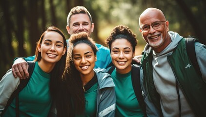 Portrait of a group of friends hiking in the forest. They are smiling and looking at camera.