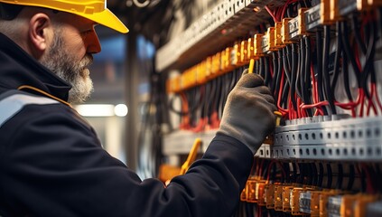 Close-up of a male electrician working on a fuseboard