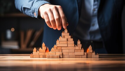 Businessman building pyramid of wooden blocks on table in office,