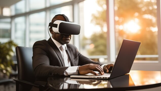African american businessman wearing virtual reality goggles while using laptop in office