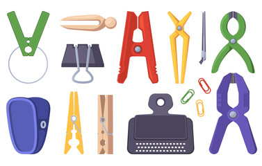 Clip holding tool. Clothespin, office clamp wooden frip and metal clutch bundle, flat clothes pegs. Vector clips isolated collection of office clamp and clothespin illustration