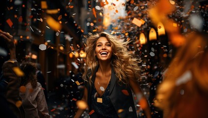 Beautiful blonde woman with confetti on the streets