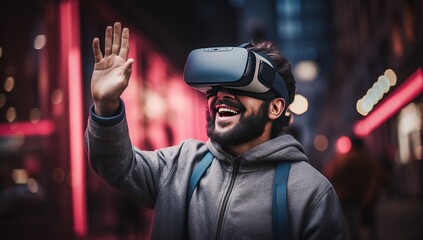 Cheerful man using virtual reality headset in the city at night