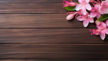 Beautiful pink flowers on wooden background. Top view with copy space