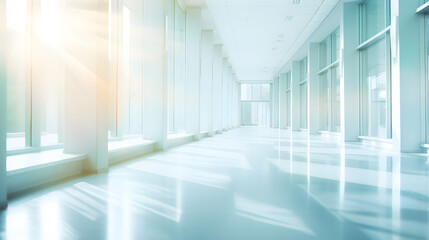 Light Blurred Background of Office or Medical Institution Hall with Panoramic Windows and Perspective, Generative AI