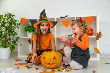 Halloween kids home holiday joy. Selective focus.