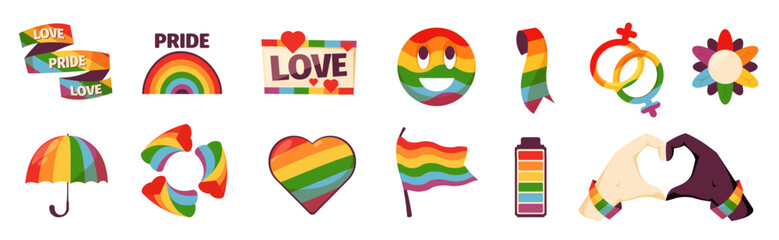 LGBT pride elements. Cartoon diversity symbols, gay and lesbian community, lgbtq pride flag stickers and banner set. Vector colorful collection of rainbow pride illustration