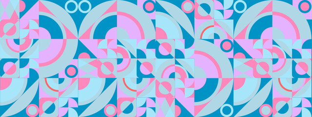 Modern retro Bauhaus pattern vector flat mosaic cover wide banner with geometric shapes