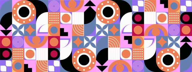 Modern retro Bauhaus pattern vector flat mosaic cover wide banner with geometric shapes