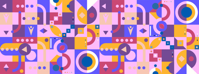 Modern retro Bauhaus pattern vector flat mosaic cover wide banner with geometric shapes