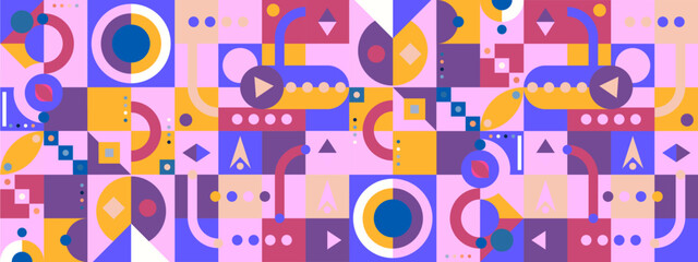 Modern retro Bauhaus pattern vector flat mosaic cover wide banner with geometric shapes