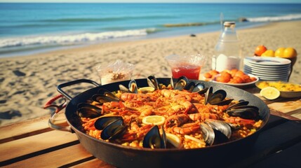 Paella or bar food in summer on the beach - obrazy, fototapety, plakaty