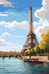 Old Vintage Poster of Paris with Eiffel Tower, Characteristic Architecture and City Atmosphere, Ideal for Nostalgic and Aesthetic Projects, Generative AI