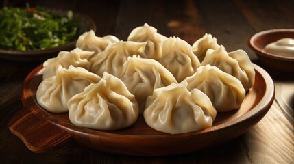 Manti or manty close up on a wooden table