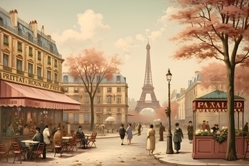 Old Vintage Poster of Paris with Eiffel Tower, Characteristic Architecture and City Atmosphere, Ideal for Nostalgic and Aesthetic Projects, Generative AI