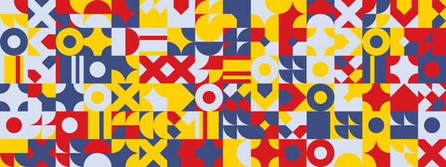 Blue red and yellow modern geometric banner with shapes