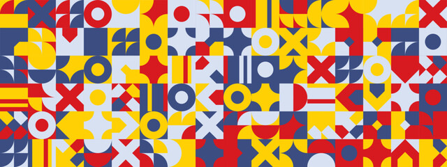 Blue red and yellow modern geometric banner with shapes