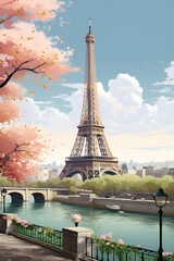 Old Vintage Poster of Paris with Eiffel Tower, Characteristic Architecture and City Atmosphere, Ideal for Nostalgic and Aesthetic Projects, Generative AI
