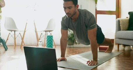 Man, push up and fitness, laptop and online class with breathing, exercise and muscle training at home. Workout, internet connection and strong athlete, sports and wellness with health and technology