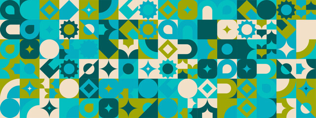 Blue green and white modern geometric banner with shapes