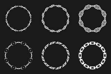Decorative round frames for design. 6 Circle Boredrs in White Color on a Black Background. Circular Frame.