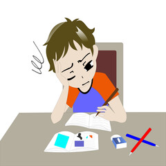 Vector sad boy doing his homework at home. Tired schoolboy studying lessons, sitting at his desk. education of elementary school children, students in class, learning problems at school.
